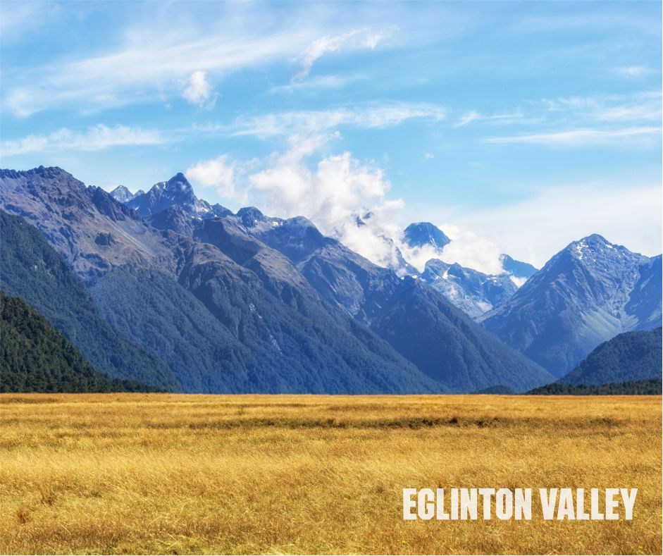 Scenic view of Eglinton Valley in New Zealand showcasing lush greenery, majestic mountains, and beautiful natural landscapes.