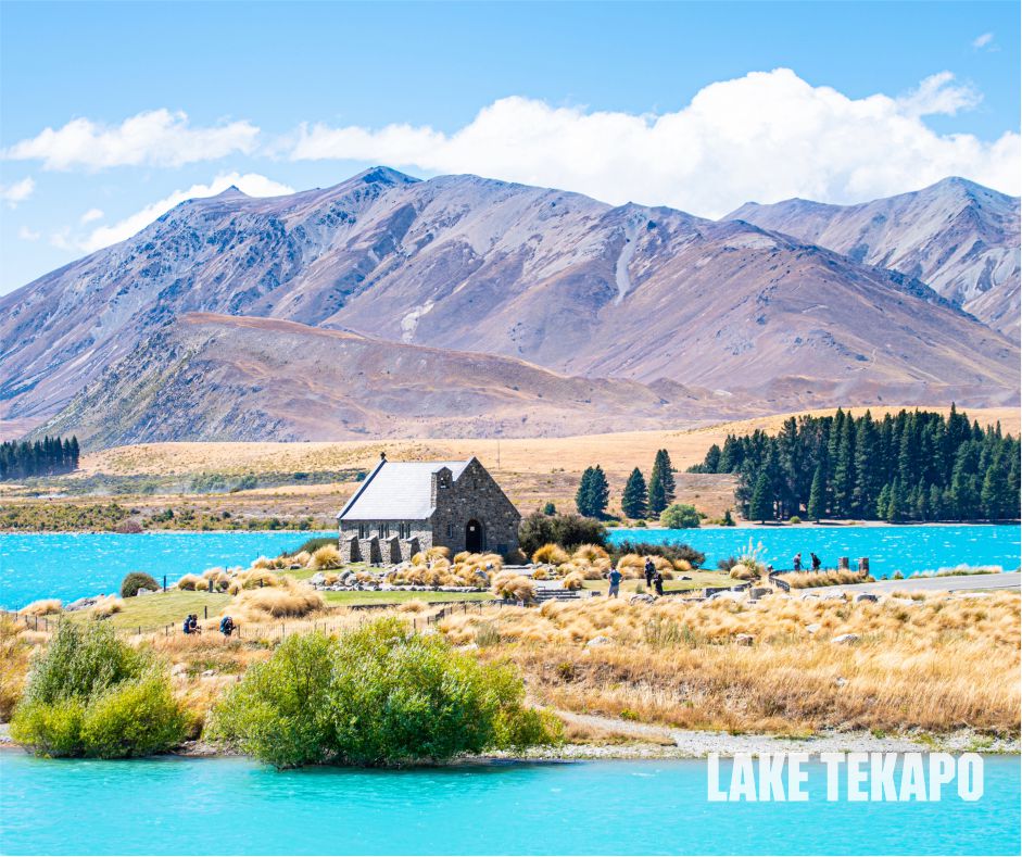Lake Tekapo in New Zealand, showcasing its stunning turquoise waters and mountainous backdrop under a bright sky.
