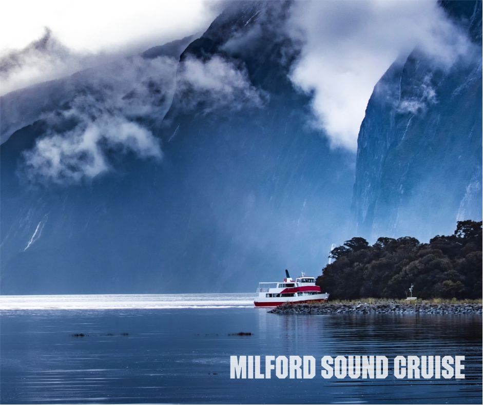 Scenic Milford Sound cruise in New Zealand, showcasing stunning fjord views, lush greenery, and majestic mountains, a must-see natural wonder in Fiordland National Park, New Zealand group tour from Delhi